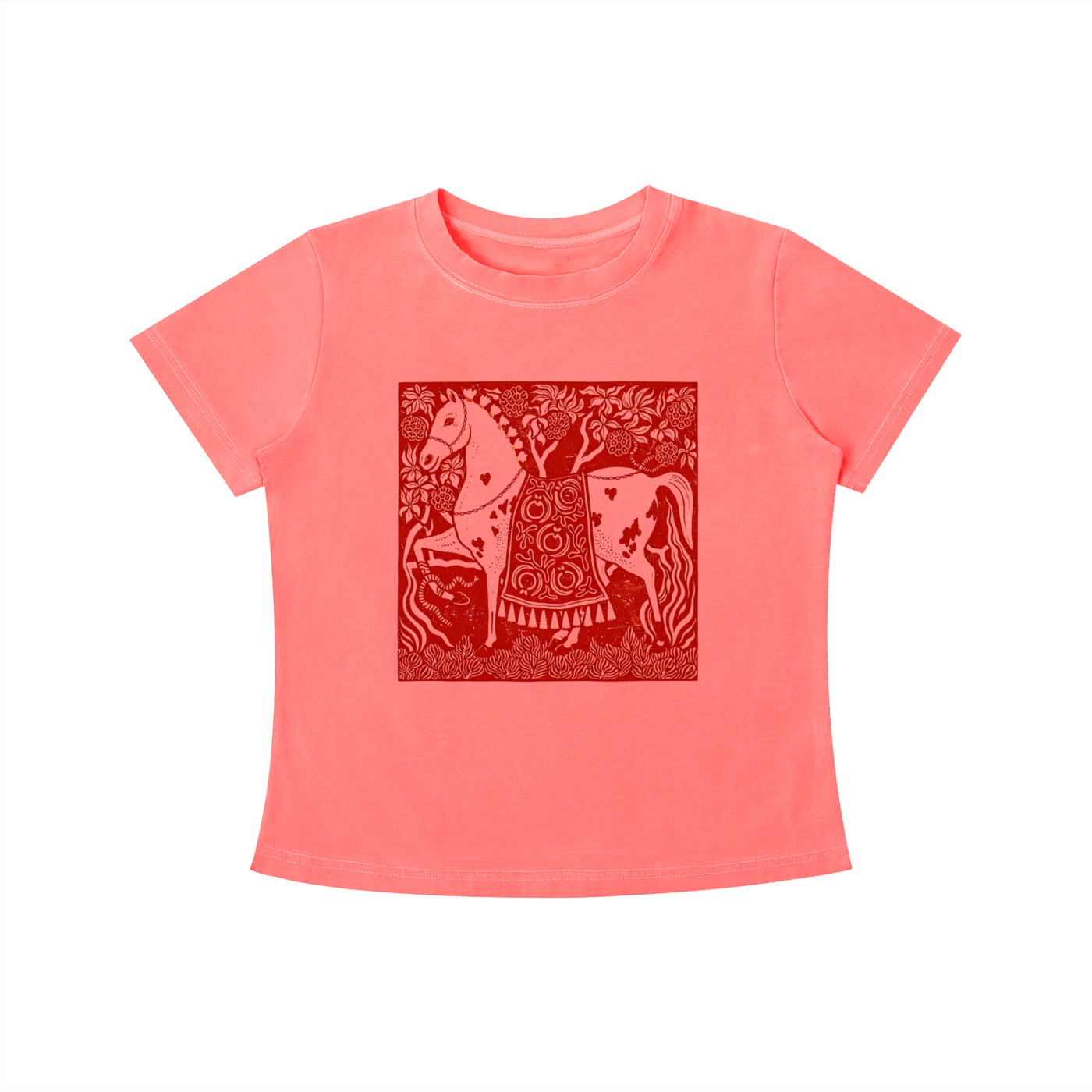 Coral Crimson Horse graphic t-shirt featuring folk art-inspired horse artwork celebrating tradition, creativity, and nature.
