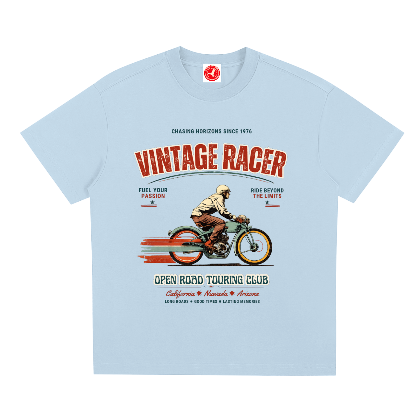 Light blue Vintage racer graphic t-shirt featuring retro touring club artwork inspired by classic road trips and motorsport culture.