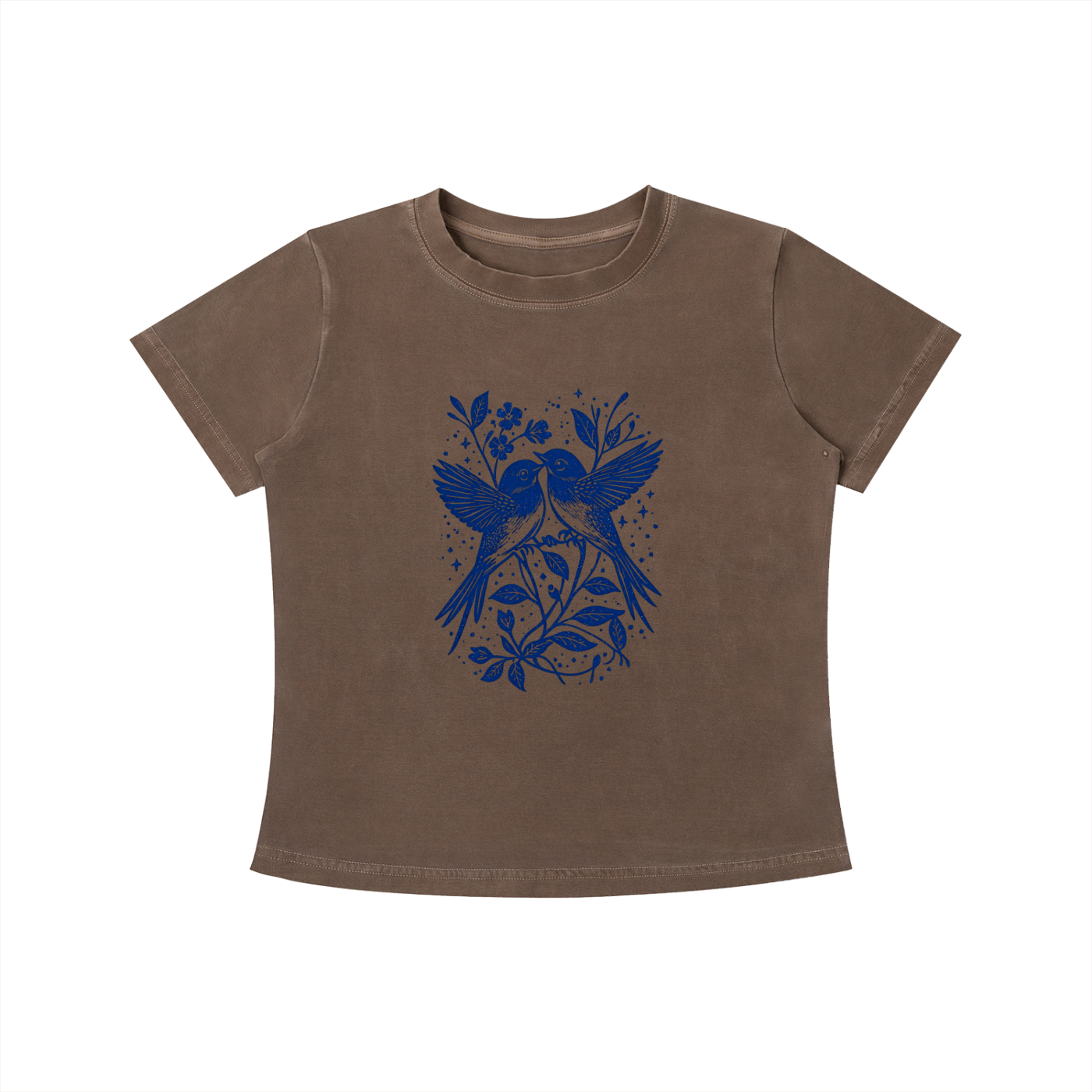 Brown Bluebird Garden Folk graphic t-shirt featuring bird and floral artwork inspired by folk art and botanical beauty.
