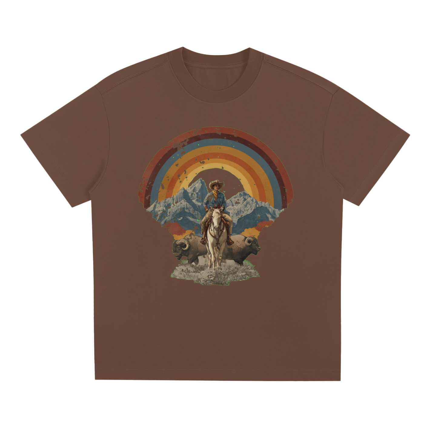 Brown Wild West Sunset Rider graphic t-shirt featuring western sunset artwork inspired by horseback adventure and frontier landscapes.