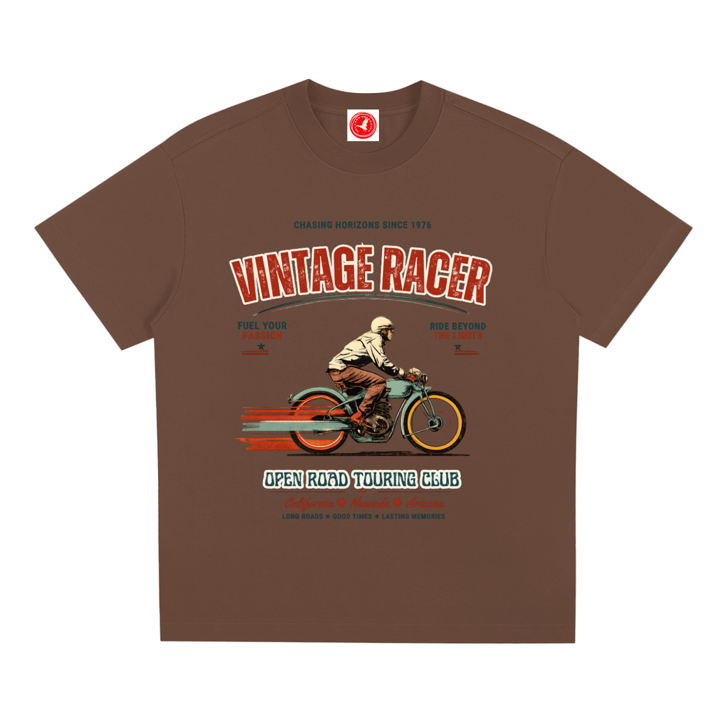 Brown Vintage racer graphic t-shirt featuring retro touring club artwork inspired by classic road trips and motorsport culture.