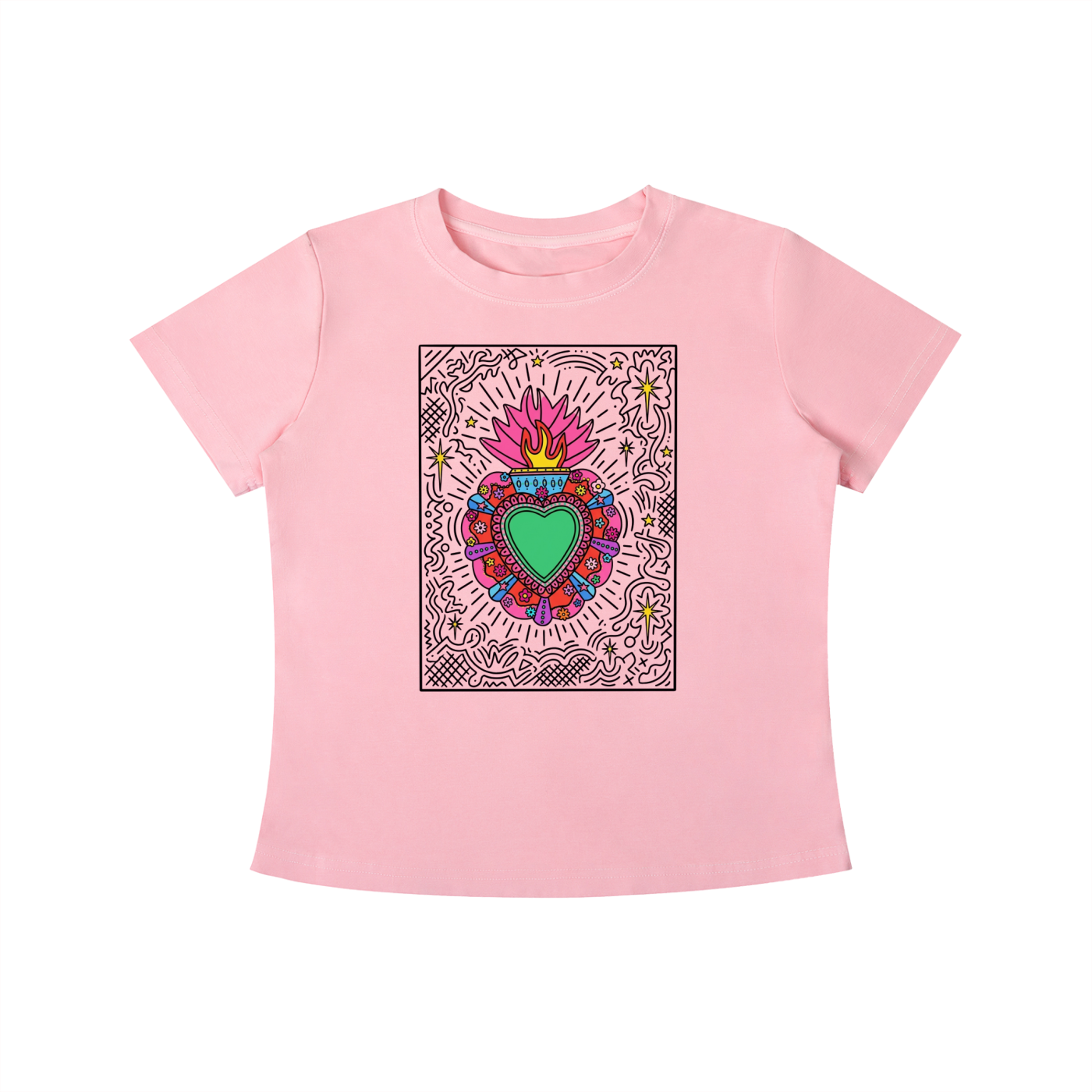 Pink Sacred Heart graphic t-shirt featuring folk art-inspired heart artwork celebrating tradition, creativity, and cultural expression.