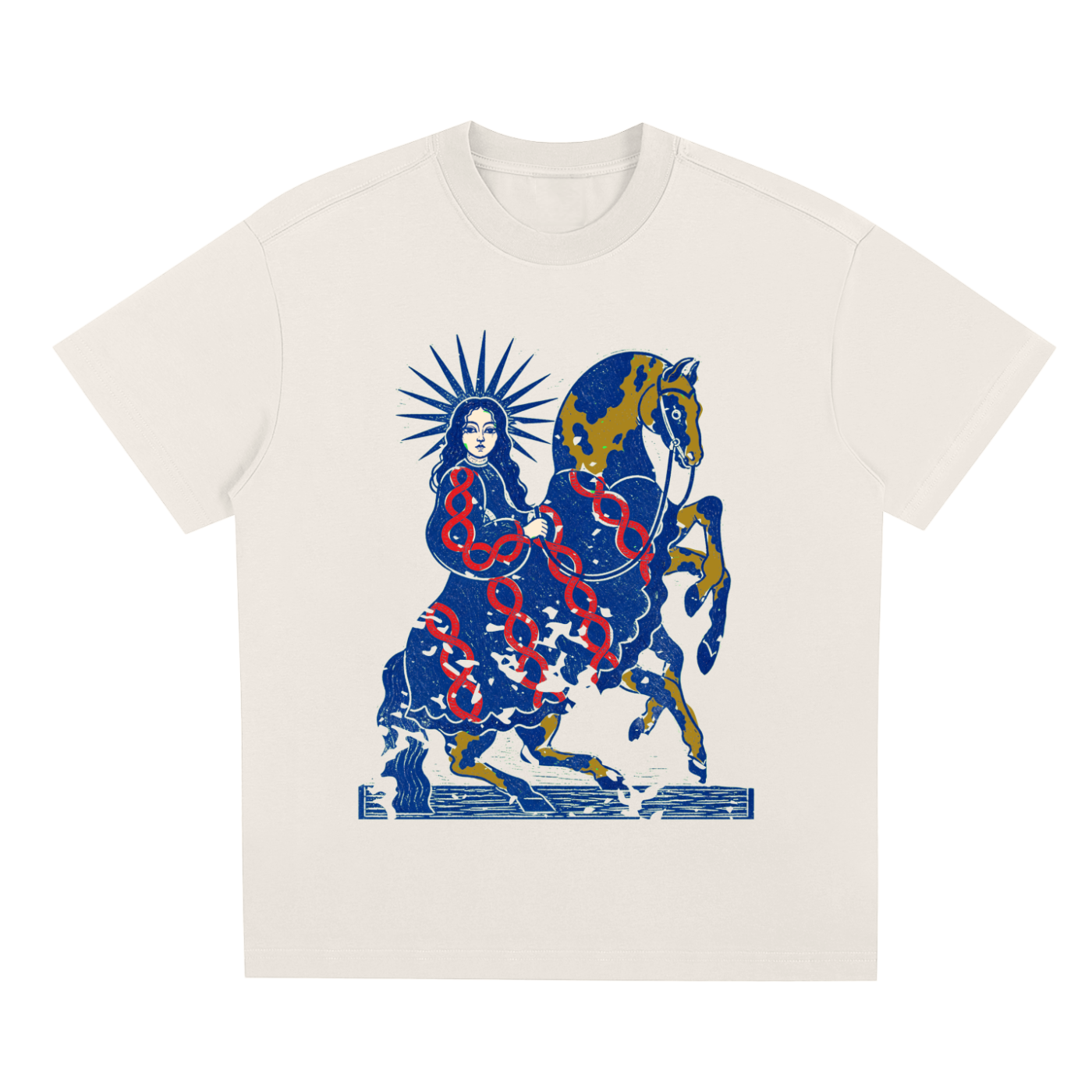 White Celestial Rider graphic t-shirt featuring artistic rider artwork inspired by adventure, freedom, and open horizons.
