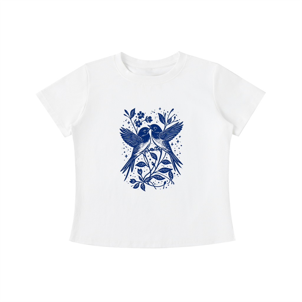 White Bluebird Garden Folk graphic t-shirt featuring bird and floral artwork inspired by folk art and botanical beauty.