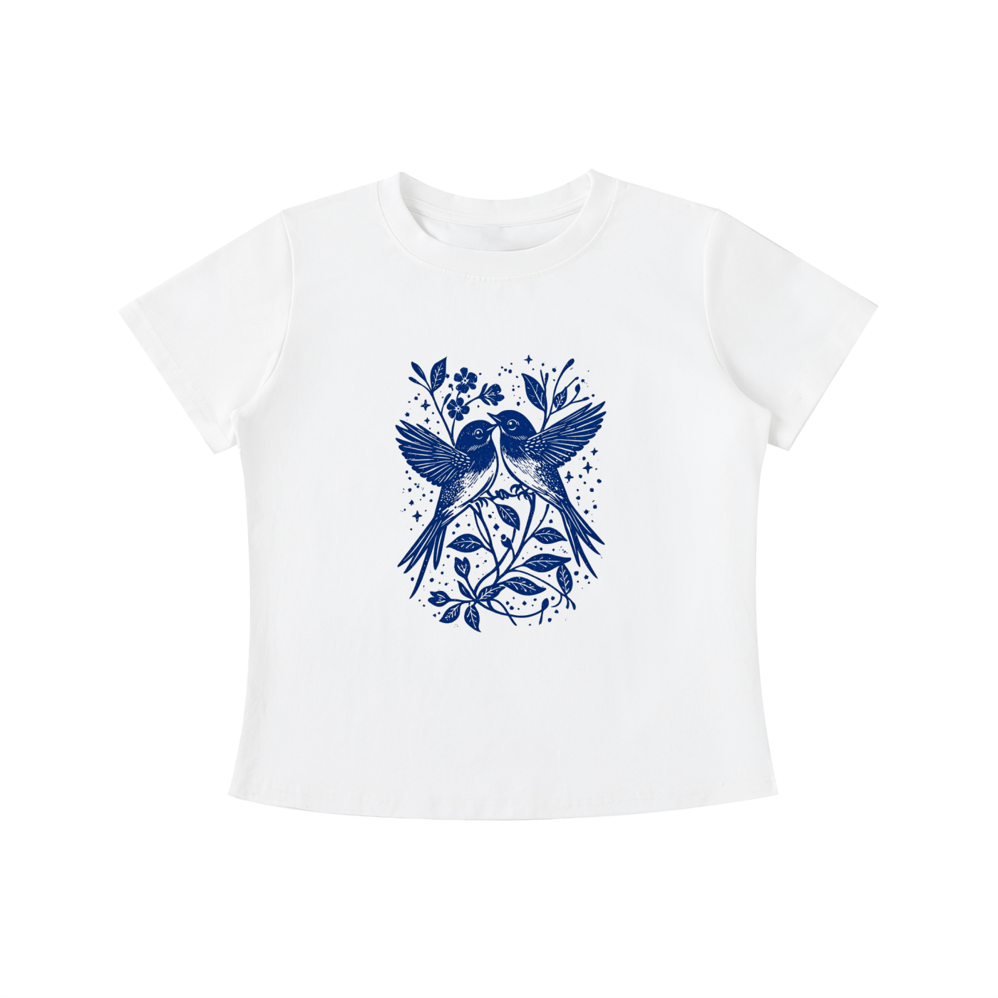 White Bluebird Garden Folk graphic t-shirt featuring bird and floral artwork inspired by folk art and botanical beauty.