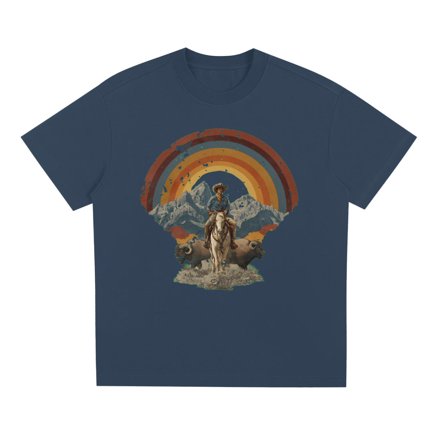 Navy  Wild West Sunset Rider graphic t-shirt featuring western sunset artwork inspired by horseback adventure and frontier landscapes.