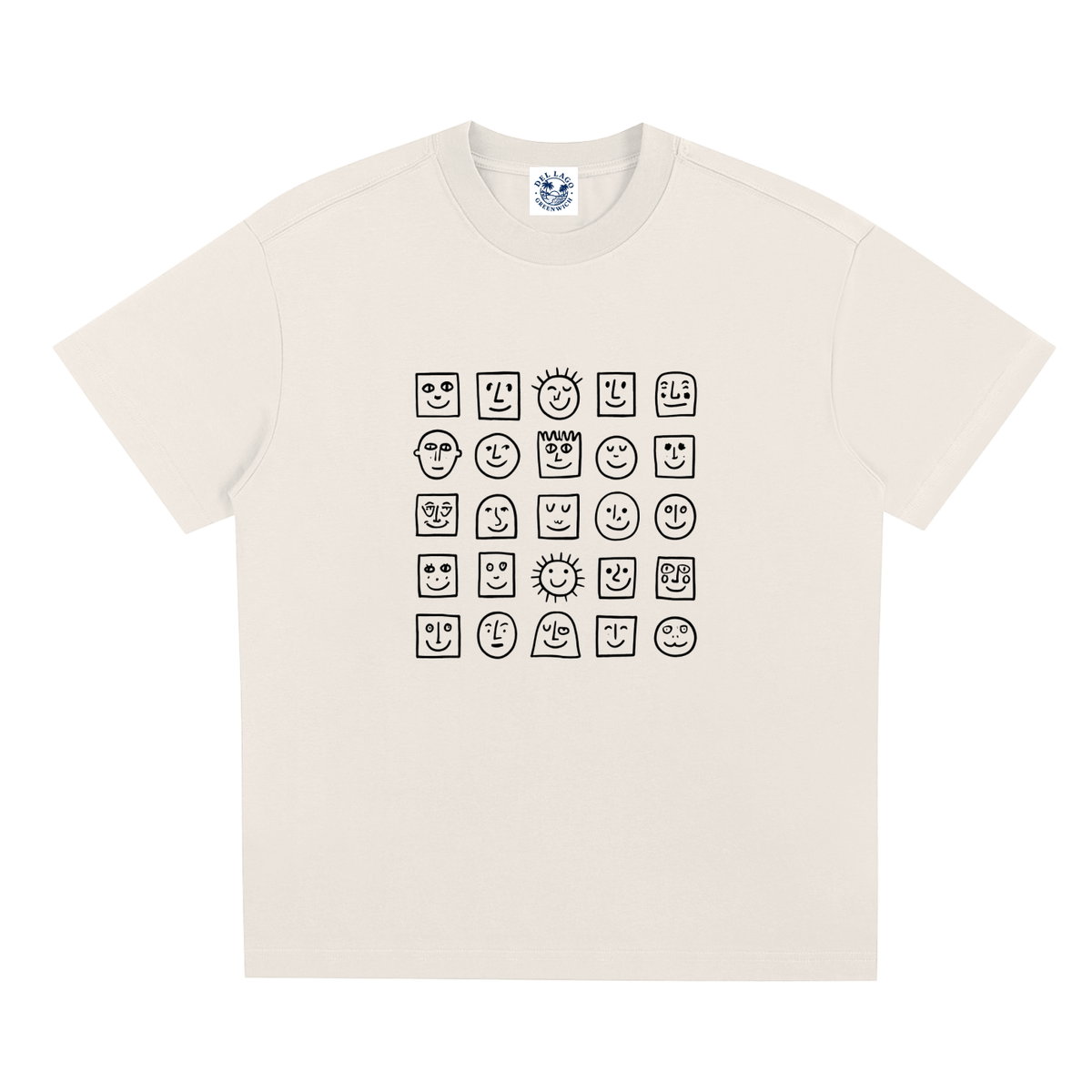 An off-white short-sleeve t-shirt with a graphic of 21 different cartoon faces arranged in a grid on the front, displayed against a solid white background.