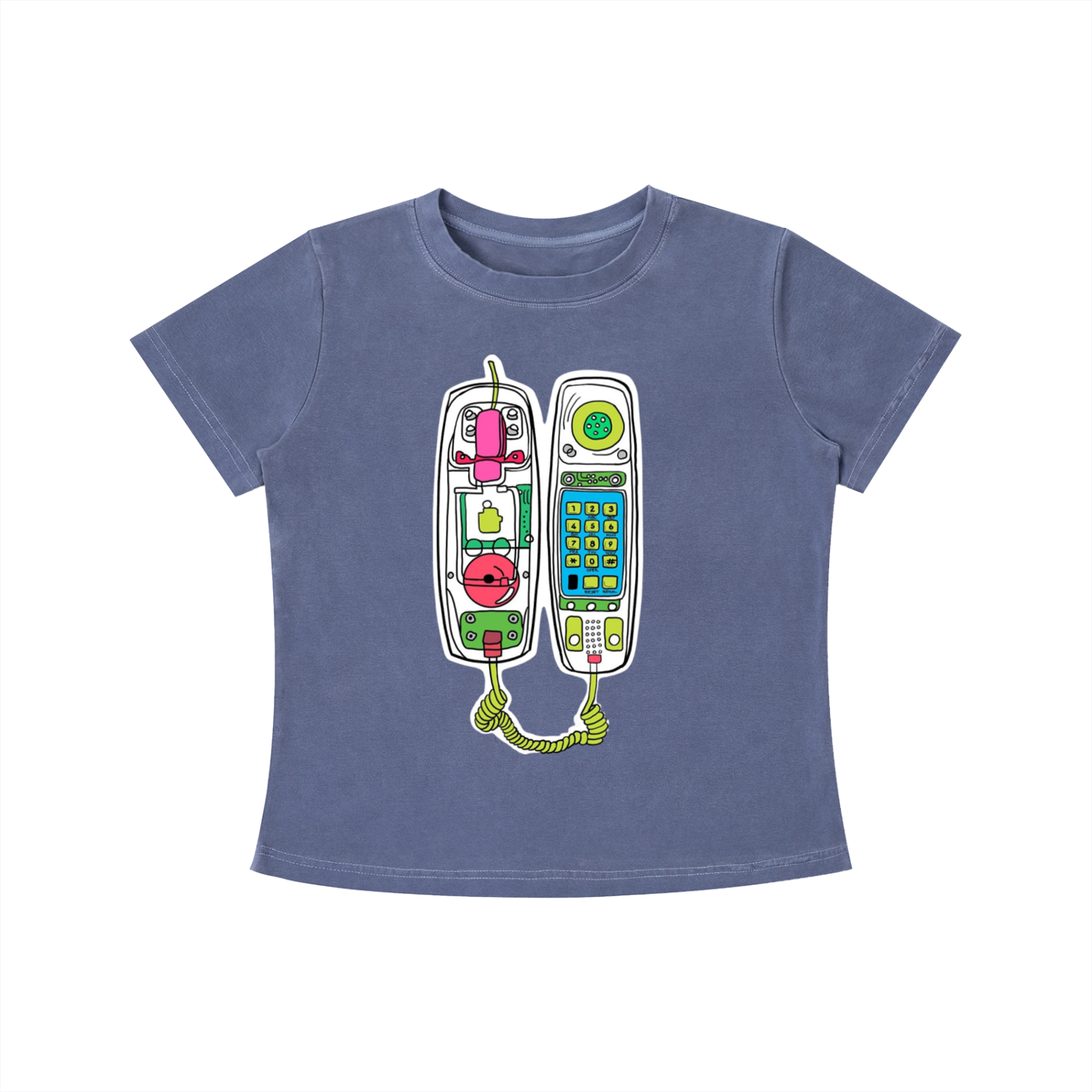 Blue Retro Call graphic t-shirt featuring vintage telephone artwork inspired by nostalgia and retro design.