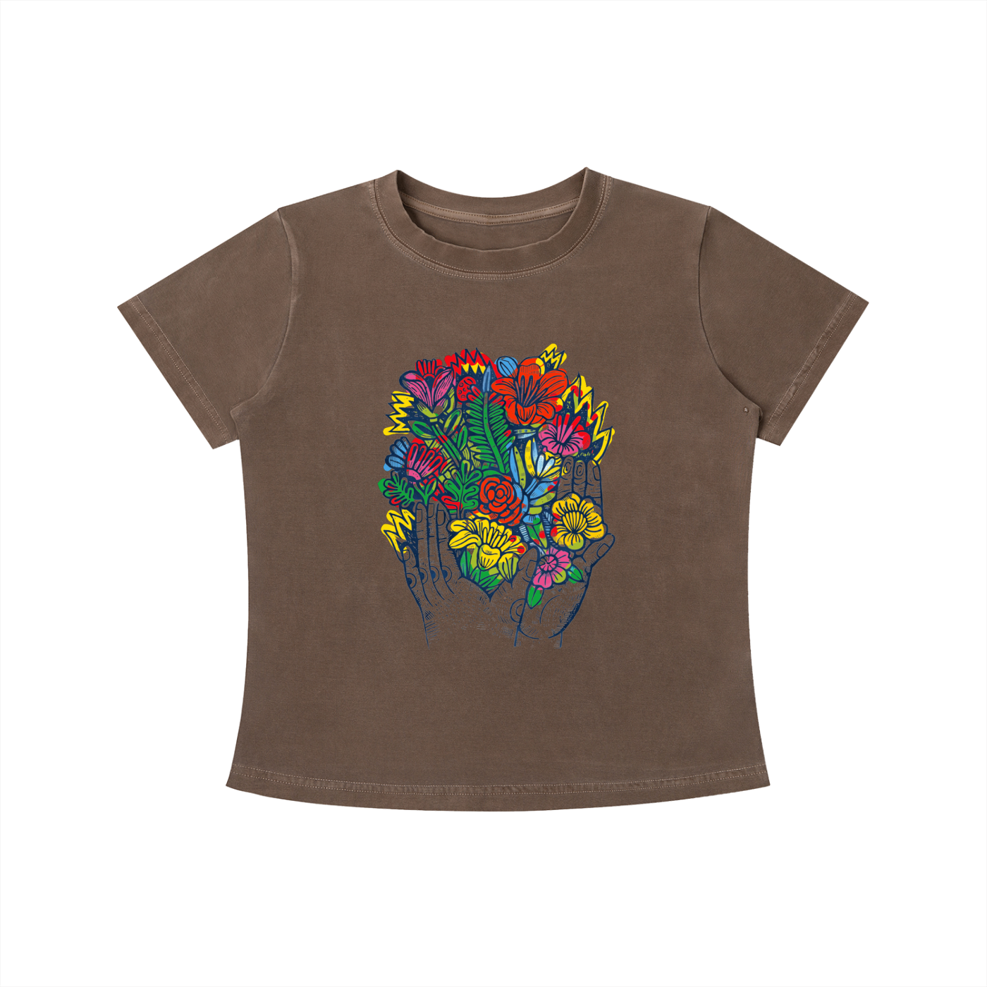 Brown Bloom in Hand graphic t-shirt featuring floral hand artwork inspired by nature, creativity, and botanical illustration.