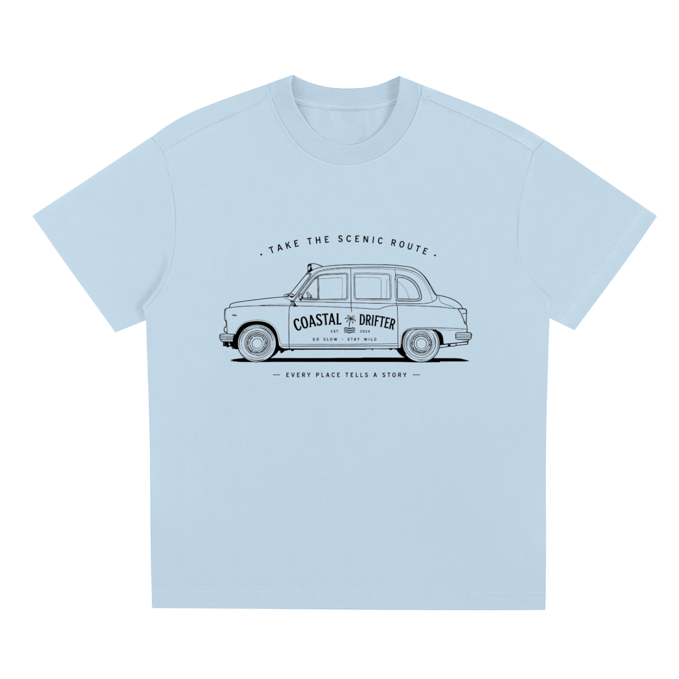 Light blue Coastal lifestyle graphic t-shirt featuring beach-inspired artwork for ocean lovers and adventure seekers.