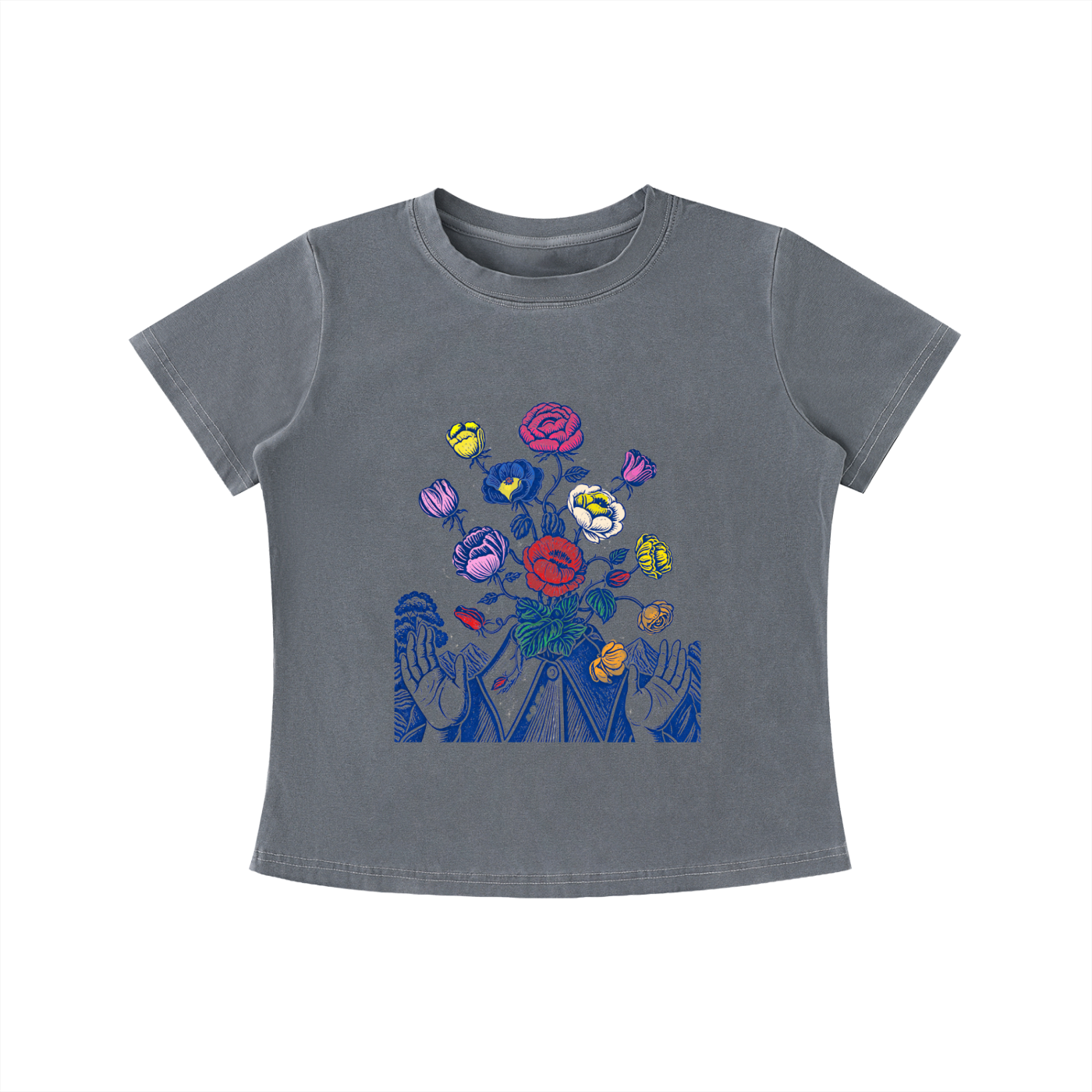 Gray Wild Bloom Hands graphic t-shirt featuring floral hand artwork inspired by nature, creativity, and botanical illustration.