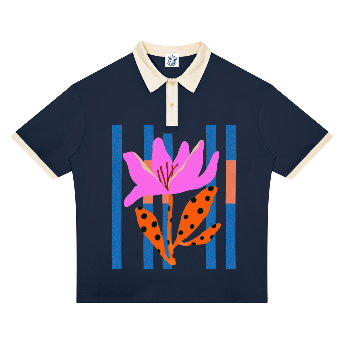 A navy blue short-sleeve polo shirt with a cream collar and sleeve cuffs, featuring a colorful graphic print of a pink flower and orange spotted leaves against blue and orange vertical stripes on the front.