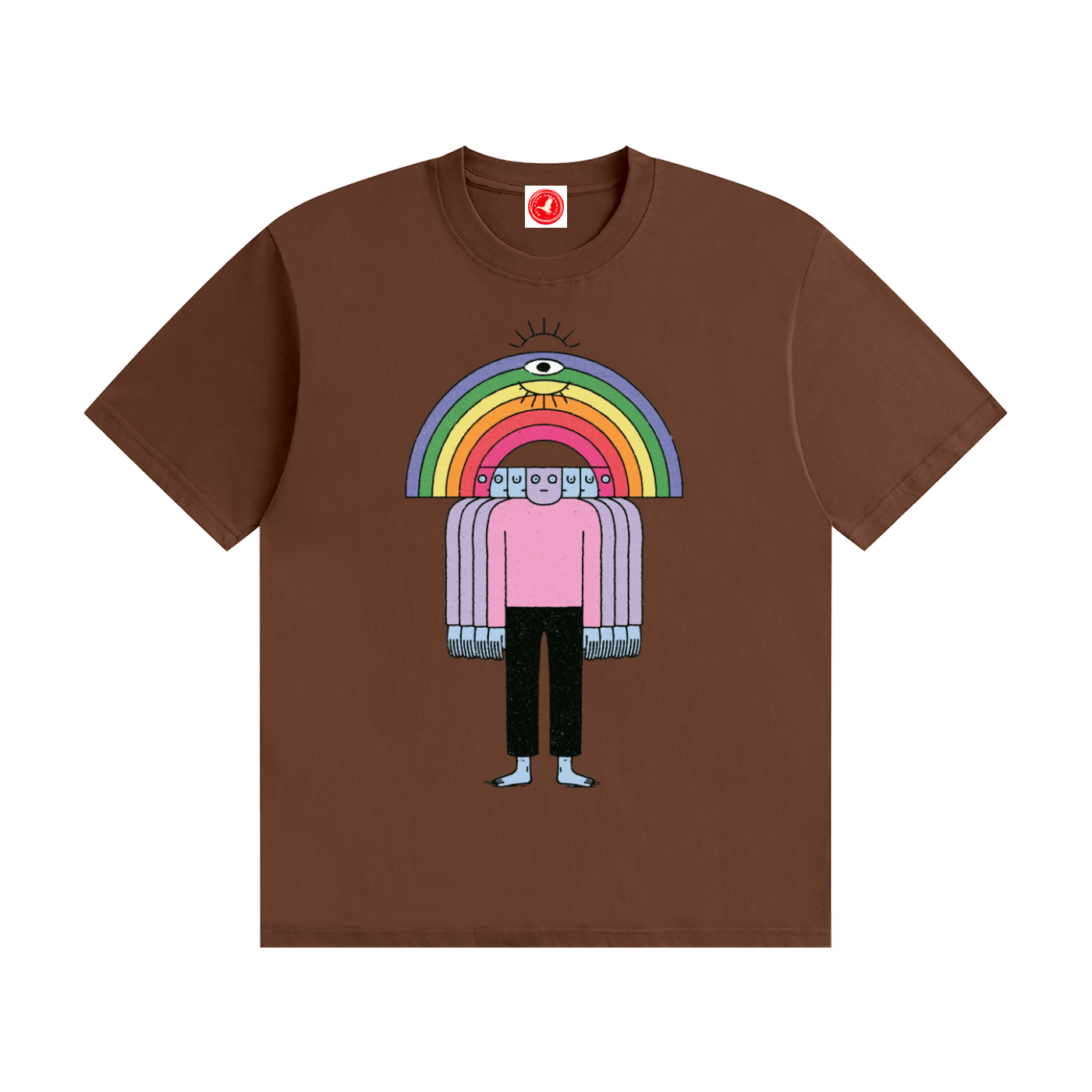 Brown Friends Tee by Del Lago Greenwich featuring a colorful rainbow character graphic on a premium cotton t-shirt. Front product view displayed on a clean white background.