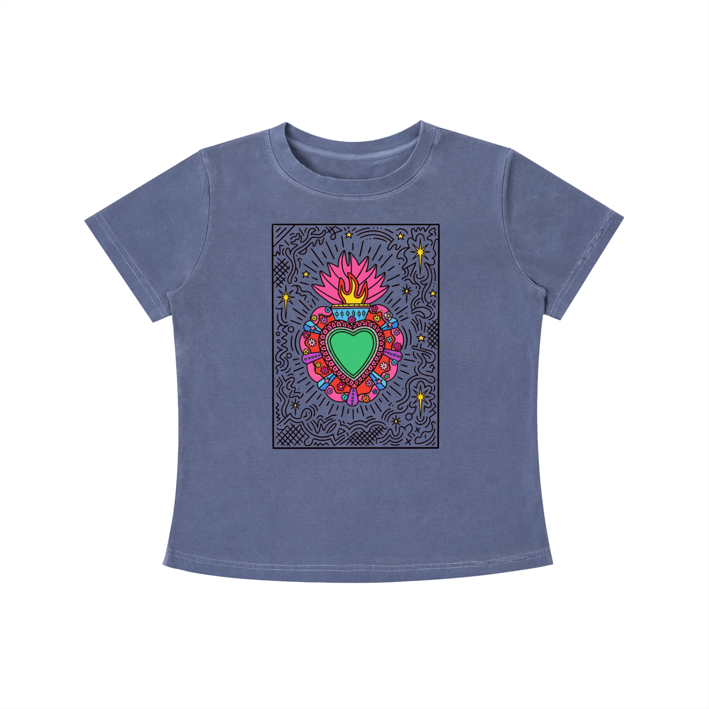 Blue Sacred Heart graphic t-shirt featuring folk art-inspired heart artwork celebrating tradition, creativity, and cultural expression.