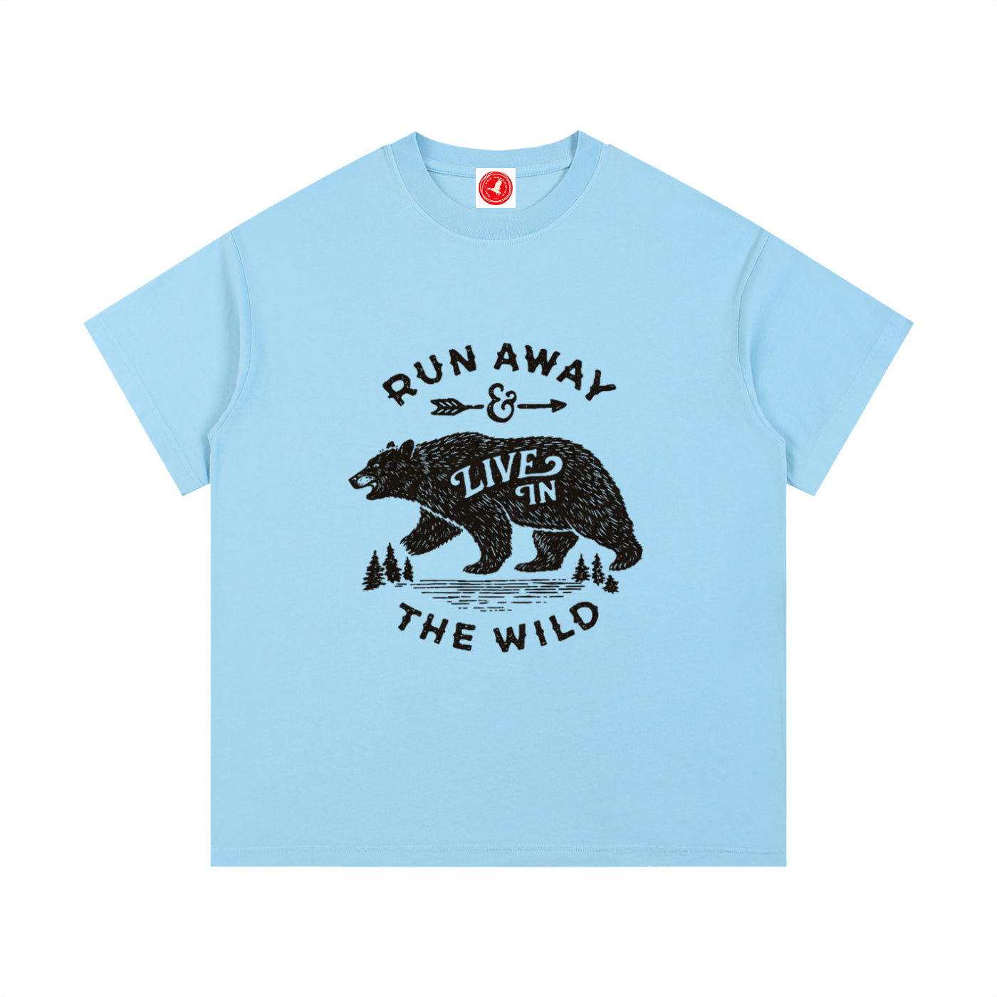 Light blueRun Away and Live in the Wild graphic t-shirt featuring bear artwork inspired by wilderness, nature, and outdoor adventure.