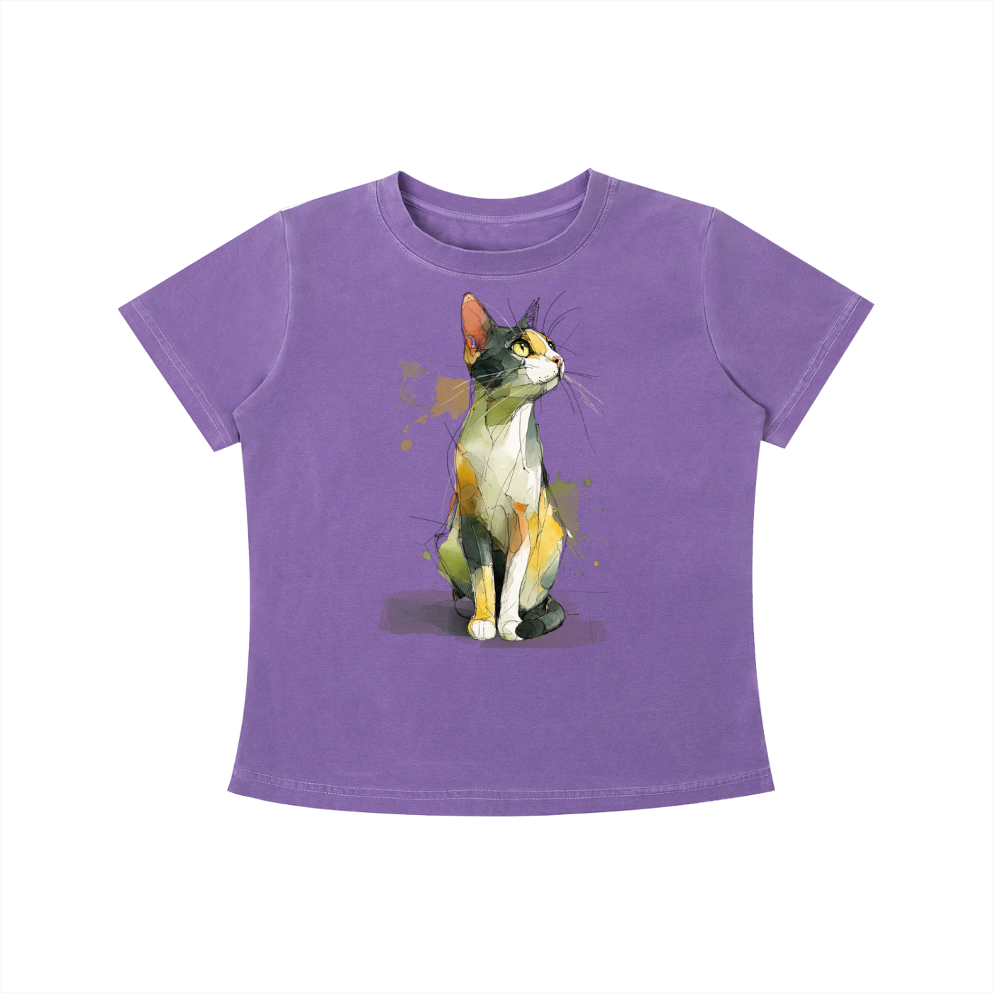 Purple Watercolor Cat graphic t-shirt featuring artistic cat artwork inspired by watercolor illustration and feline lovers.