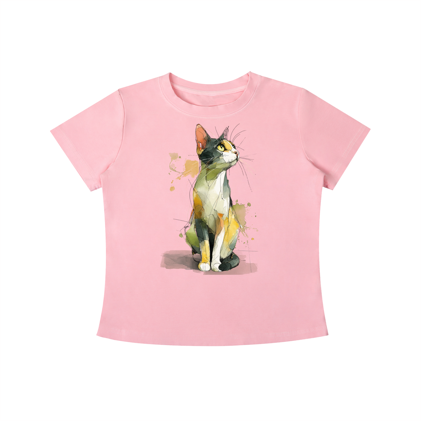 Pink Watercolor Cat graphic t-shirt featuring artistic cat artwork inspired by watercolor illustration and feline lovers.