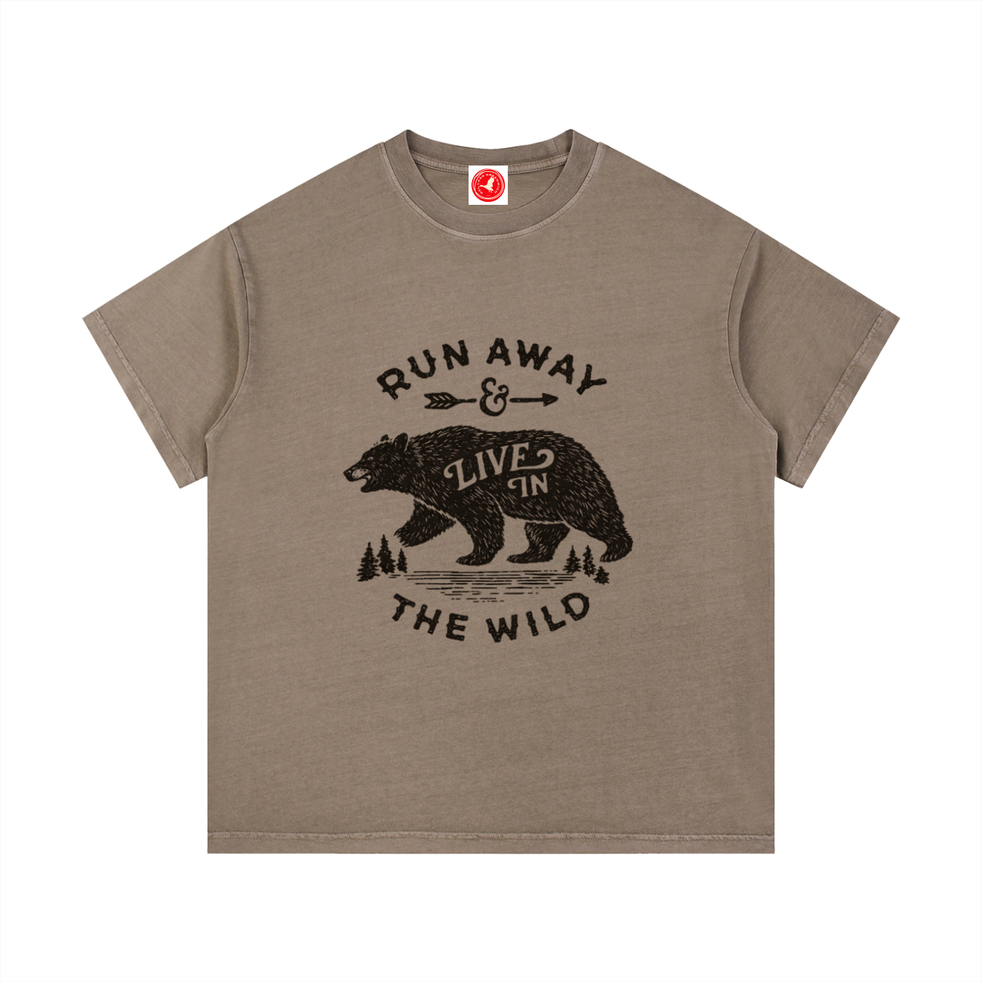Brown Run Away and Live in the Wild graphic t-shirt featuring bear artwork inspired by wilderness, nature, and outdoor adventure.