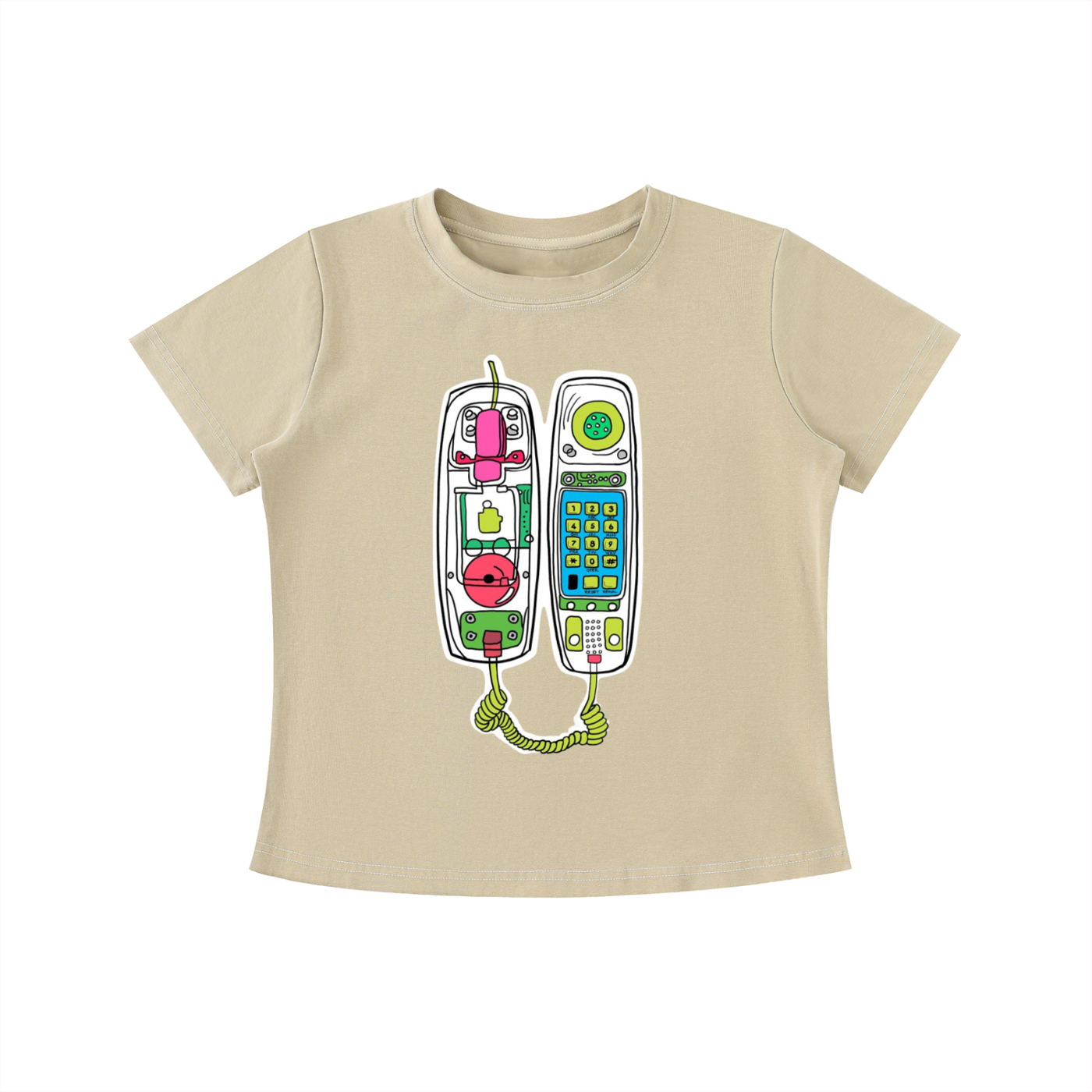 Beige Retro Call graphic t-shirt featuring vintage telephone artwork inspired by nostalgia and retro design.