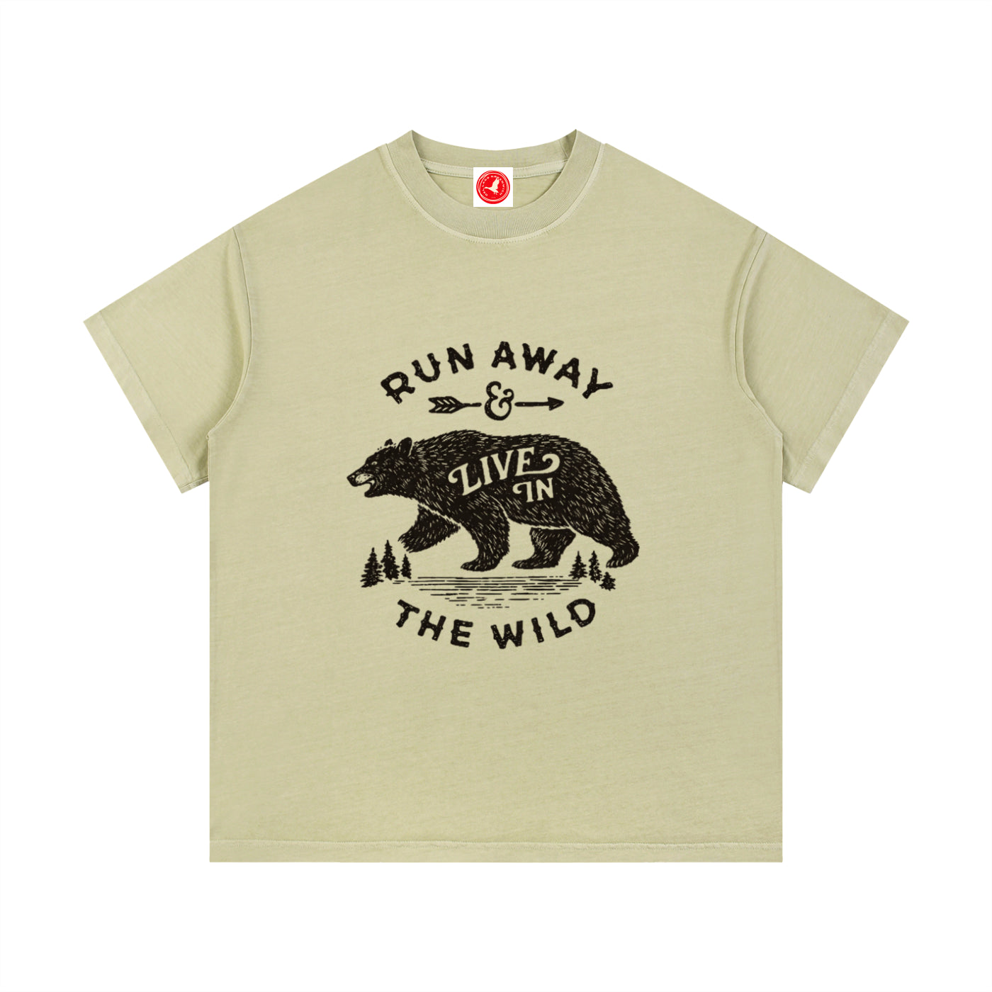 Beige Run Away and Live in the Wild graphic t-shirt featuring bear artwork inspired by wilderness, nature, and outdoor adventure.