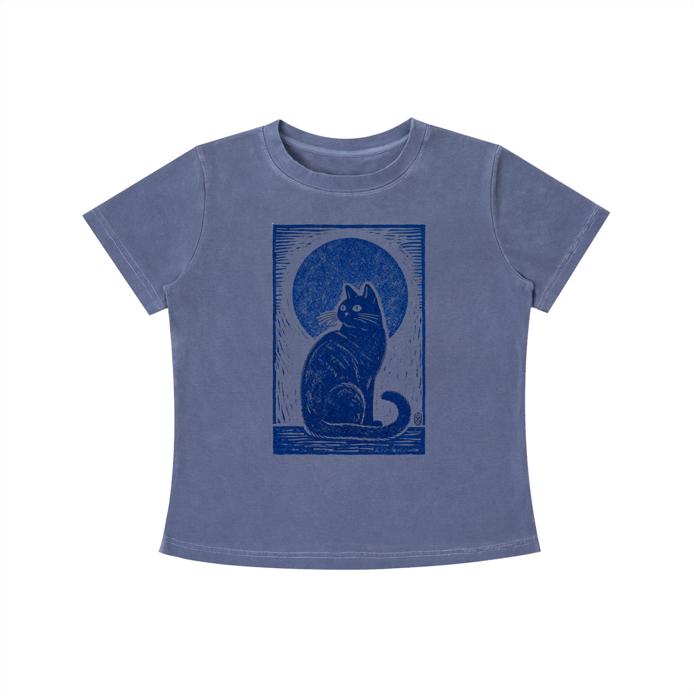 Blue Midnight Cat Indigo graphic t-shirt featuring artistic cat artwork inspired by moonlit evenings and feline charm.