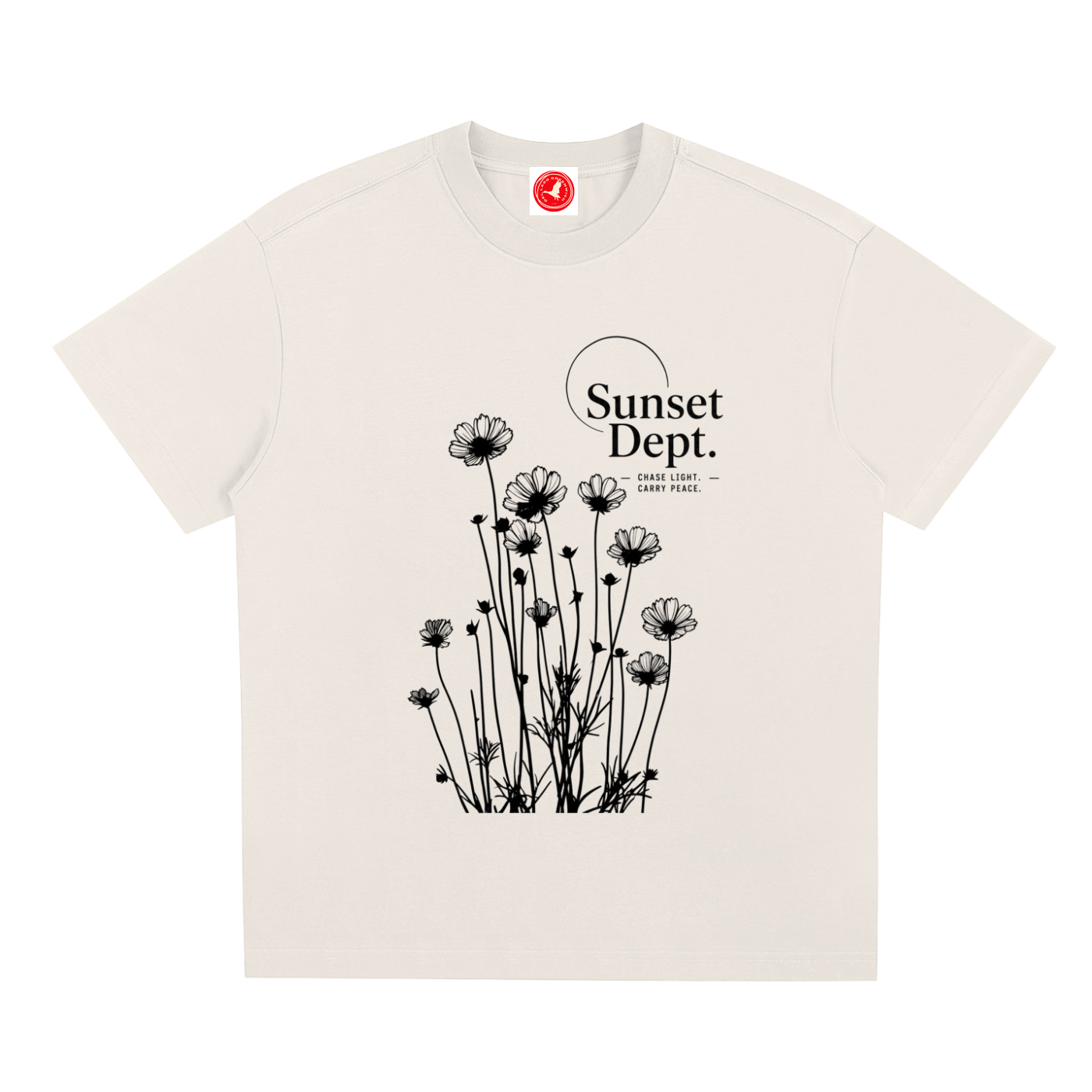 Beige Graphic t-shirt featuring sunset-inspired artwork celebrating relaxed coastal living and everyday adventure.