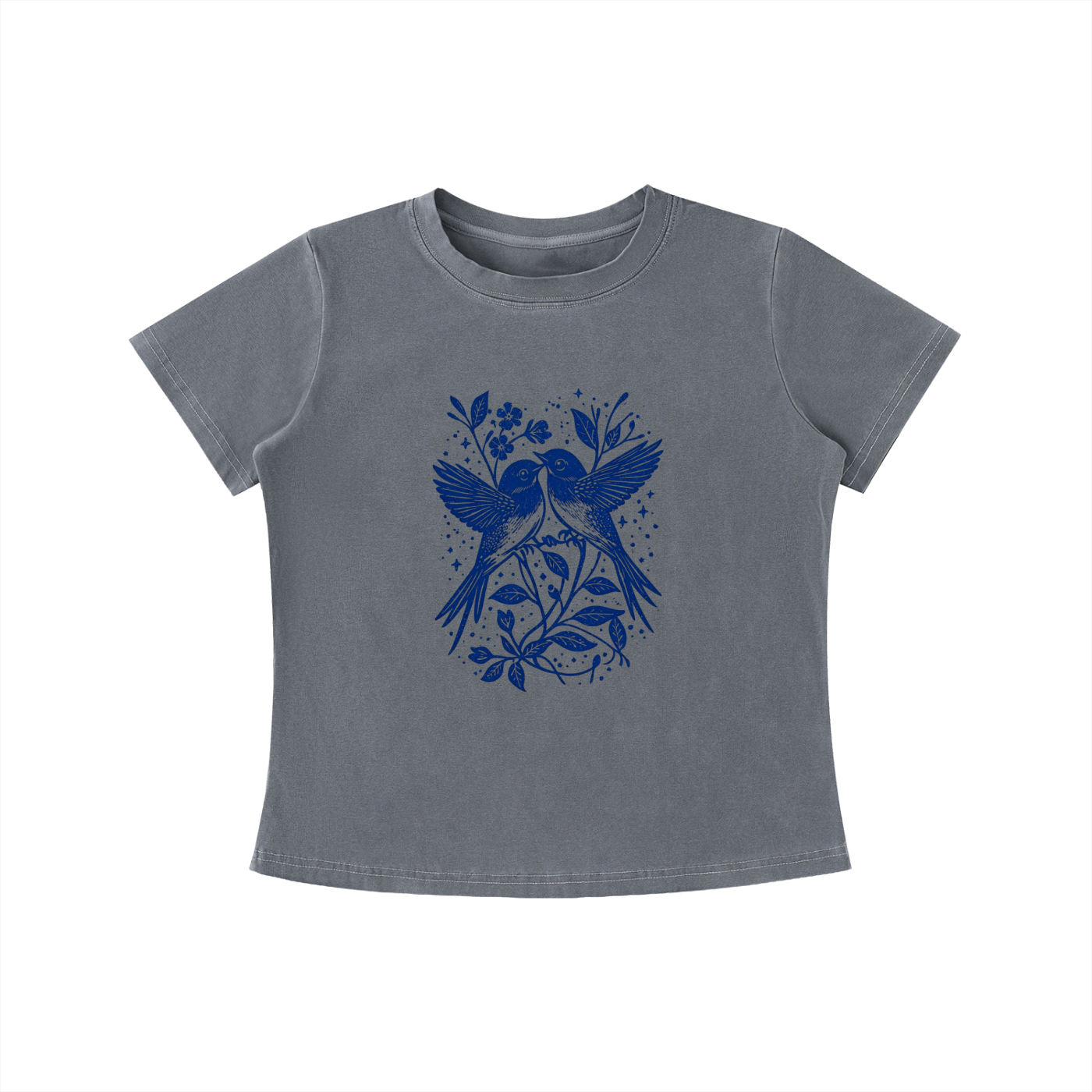 Gray Bluebird Garden Folk graphic t-shirt featuring bird and floral artwork inspired by folk art and botanical beauty.
