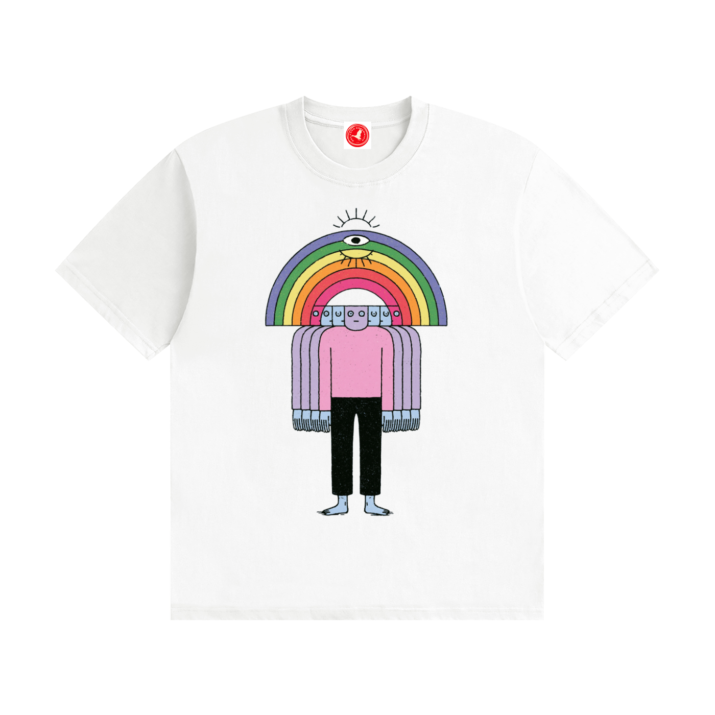 White Friends Tee by Del Lago Greenwich featuring a colorful rainbow character graphic on a premium cotton t-shirt. Front product view displayed on a clean white background.