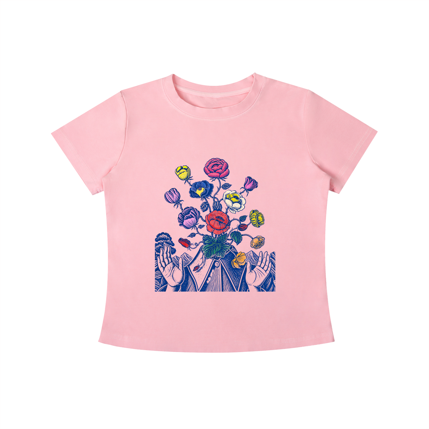 Pink Wild Bloom Hands graphic t-shirt featuring floral hand artwork inspired by nature, creativity, and botanical illustration.