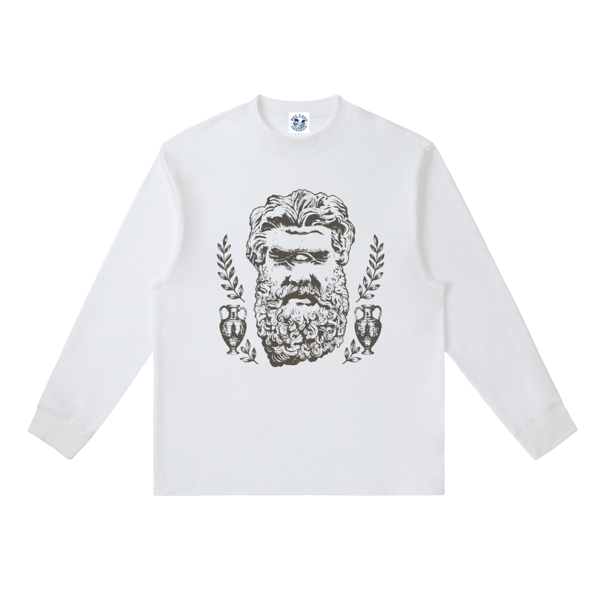 A white long-sleeve crewneck sweatshirt featuring a detailed black graphic print of a classical bearded man's bust on the chest, flanked by laurel branches and small winged motifs.