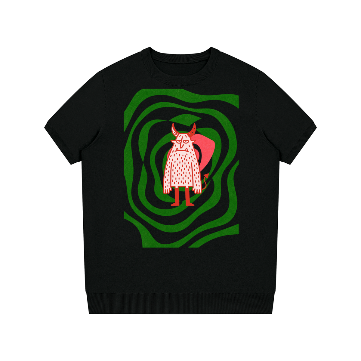 Black Devil's Garden graphic T-shirt with horned character and green swirling artwork by Del Lago Greenwich.