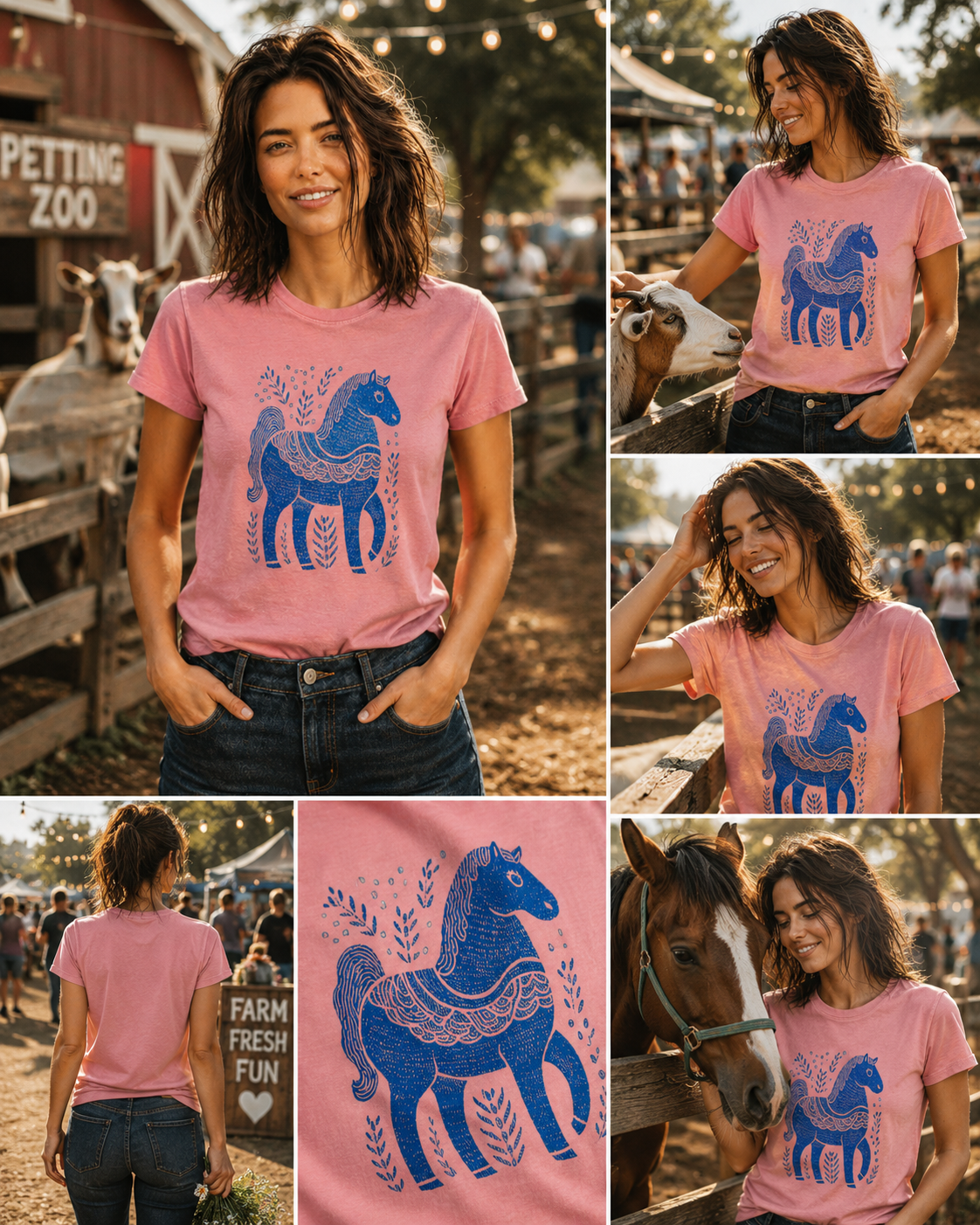 Woman wearing a Blue Folk Horse graphic t-shirt featuring folk art-inspired horse artwork celebrating creativity, tradition, and nature.