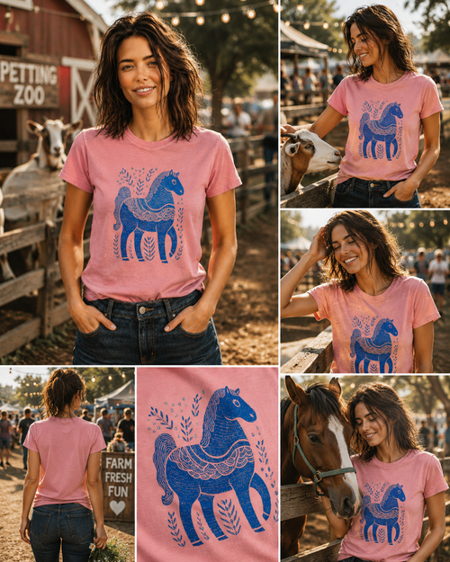 Woman wearing a Blue Folk Horse graphic t-shirt featuring folk art-inspired horse artwork celebrating creativity, tradition, and nature.