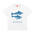 White t-shirt with blue fish design and 'Blue Sea Club' text on a white background