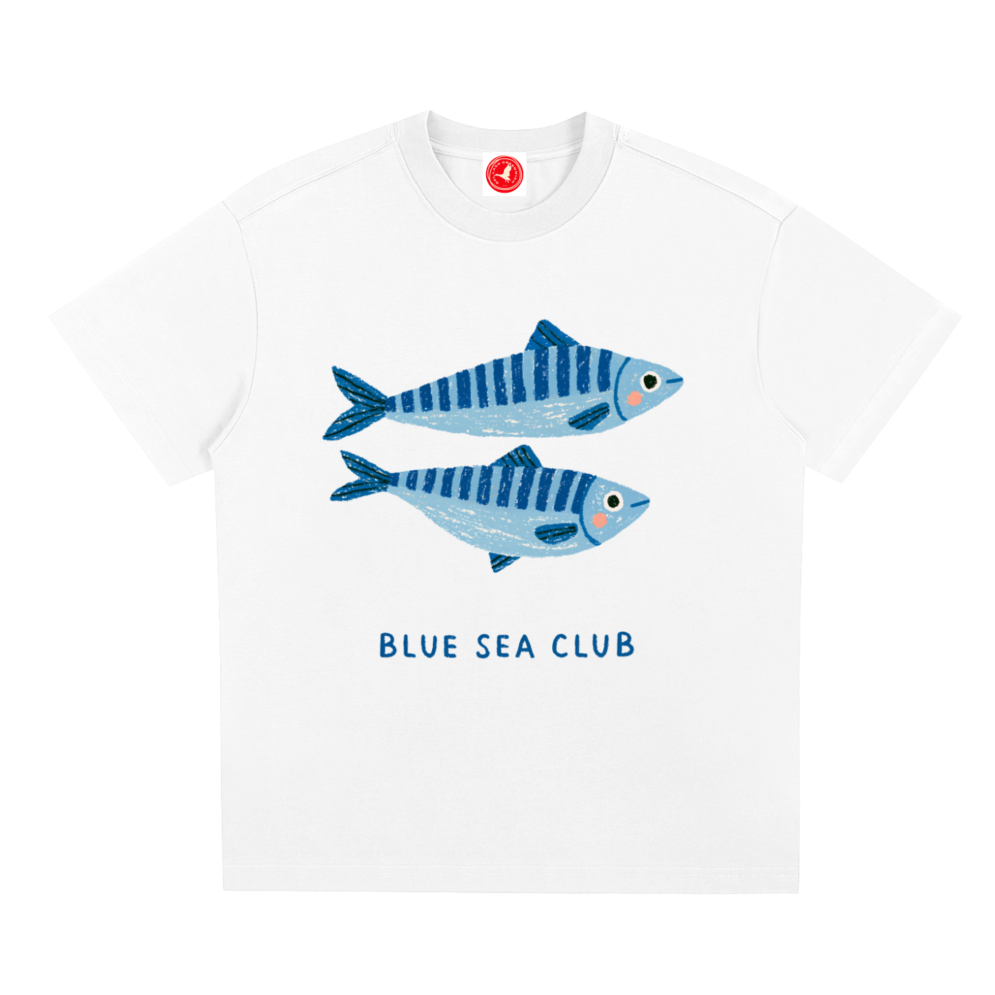 White t-shirt with blue fish design and 'Blue Sea Club' text on a white background