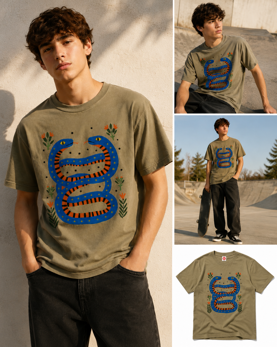 Teen boy wearing the Twin Serpents graphic t-shirt in a lifestyle collage featuring multiple editorial poses and a flat product image. Original blue serpent artwork printed on a khaki cotton tee by Del Lago Greenwich.