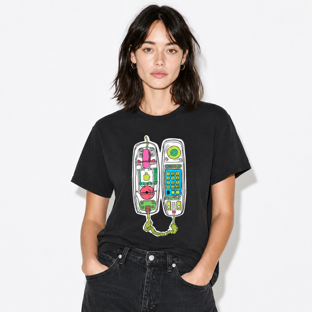 A woman wearing a black graphic t-shirt with a colorful retro phone illustration, paired with dark jeans, against a plain white background.