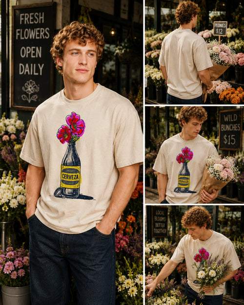 Man wearing a Cerveza Bloom Bottle graphic t-shirt featuring floral bottle artwork inspired by vintage design and botanical illustration.