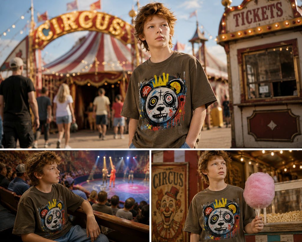 Circus Panda Graphic Kids Tee worn by child model featuring colorful circus-inspired panda illustration