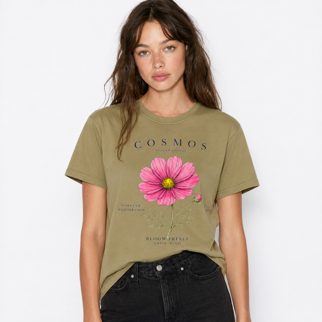A woman wearing an olive green short-sleeve graphic t-shirt with a pink cosmos flower print and the word 'COSMOS' on the front, paired with black jeans, against a plain white background.