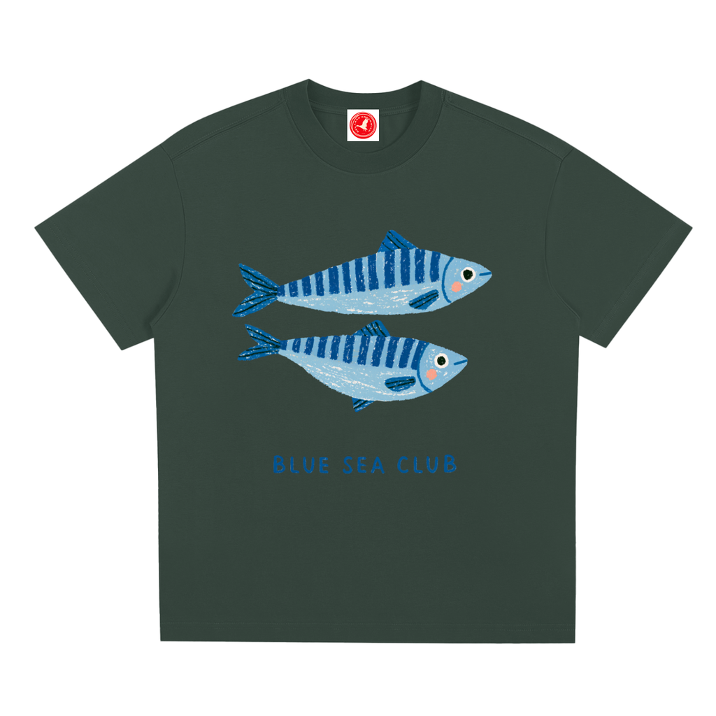 Dark green t-shirt with blue fish design and 'Blue Sea Club' text on a white background