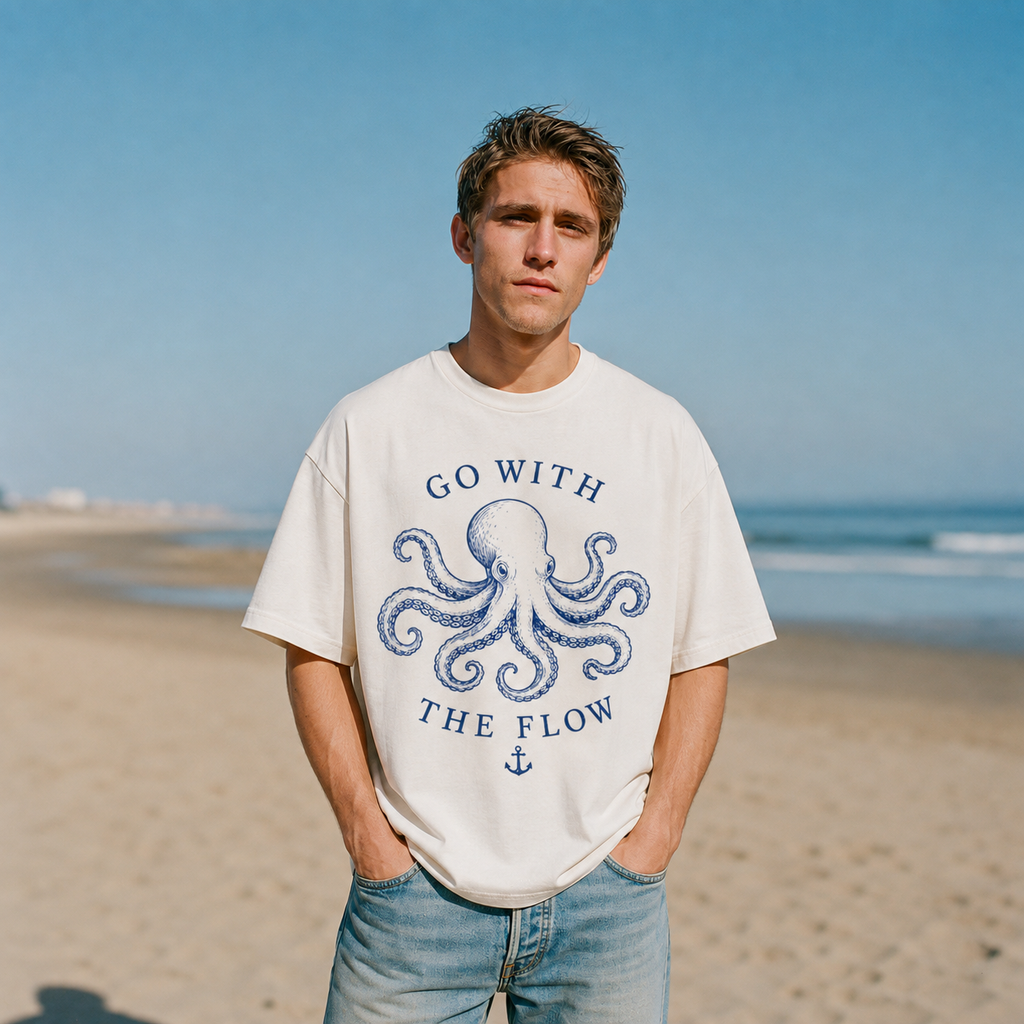 A man standing on a sandy beach wearing an oversized off-white t-shirt with a blue octopus graphic and the text 'GO WITH THE FLOW', paired with light-wash blue jeans.