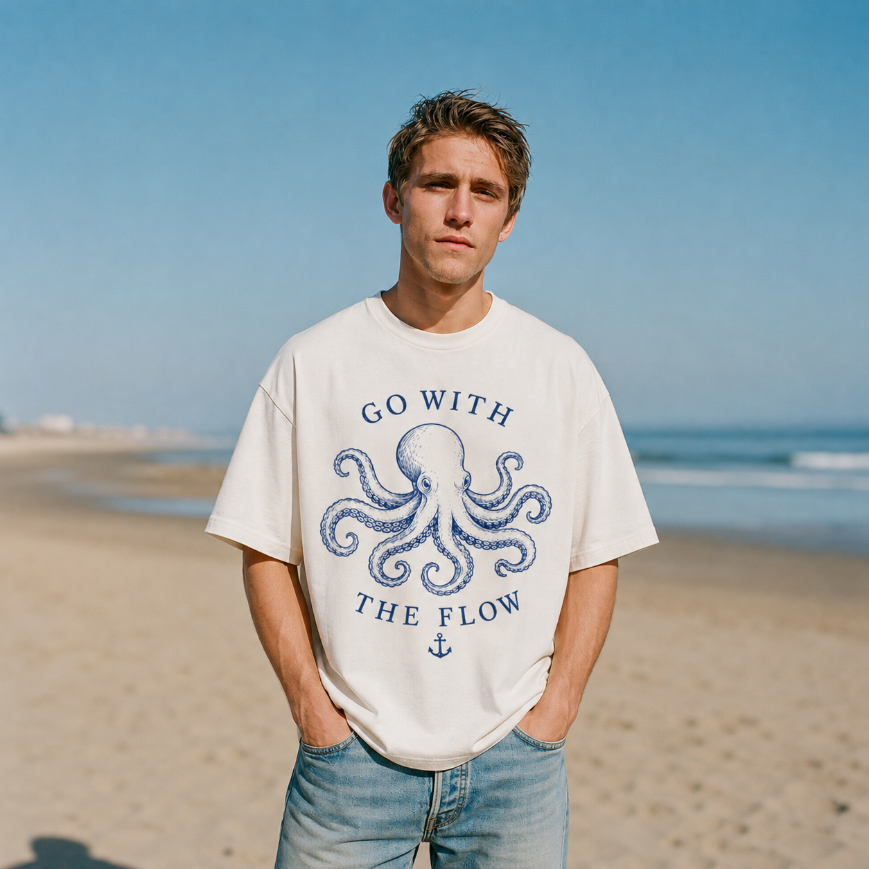 A man standing on a sandy beach wearing an oversized off-white t-shirt with a blue octopus graphic and the text 'GO WITH THE FLOW', paired with light-wash blue jeans.