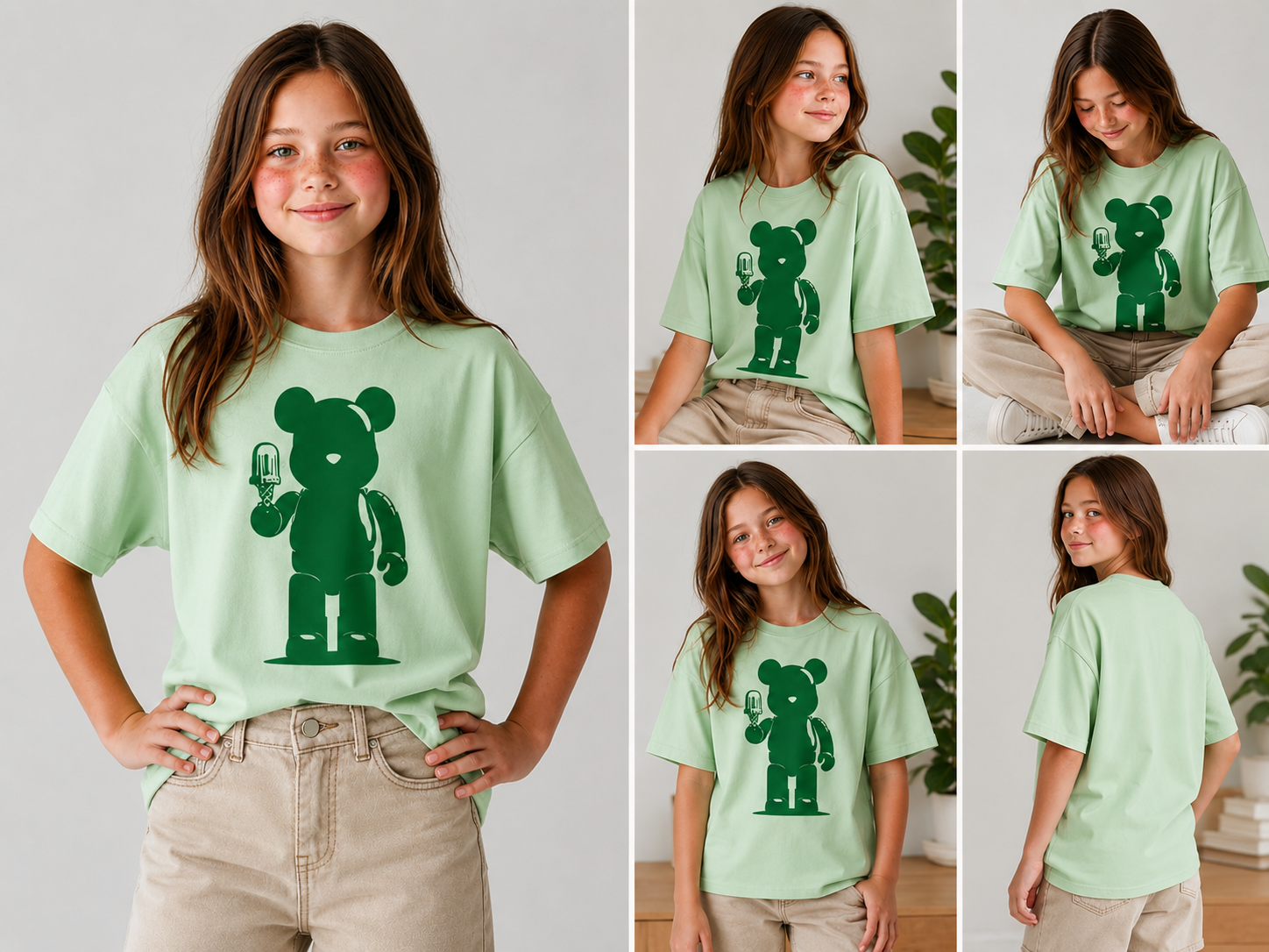 Model wearing the Green Teddy Ice Cream graphic t-shirt featuring whimsical artwork inspired by fun and imagination.