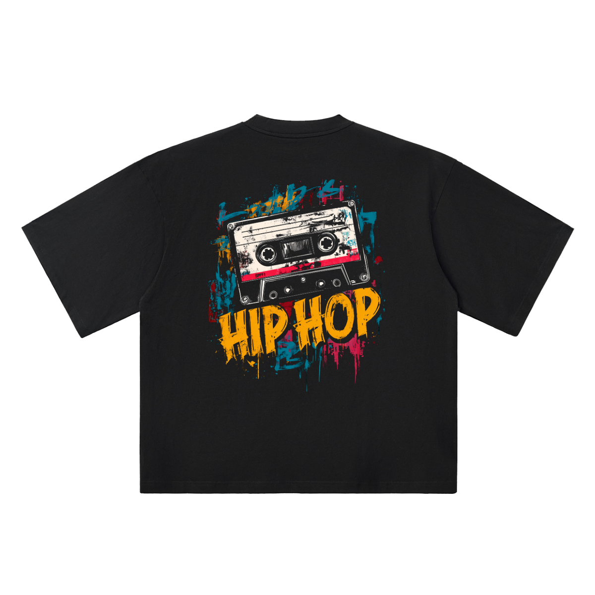 A black short-sleeve t-shirt with a graphic on the front featuring a vintage cassette tape and the words 'HIP HOP' in a colorful graffiti-style font, set against a plain white background.