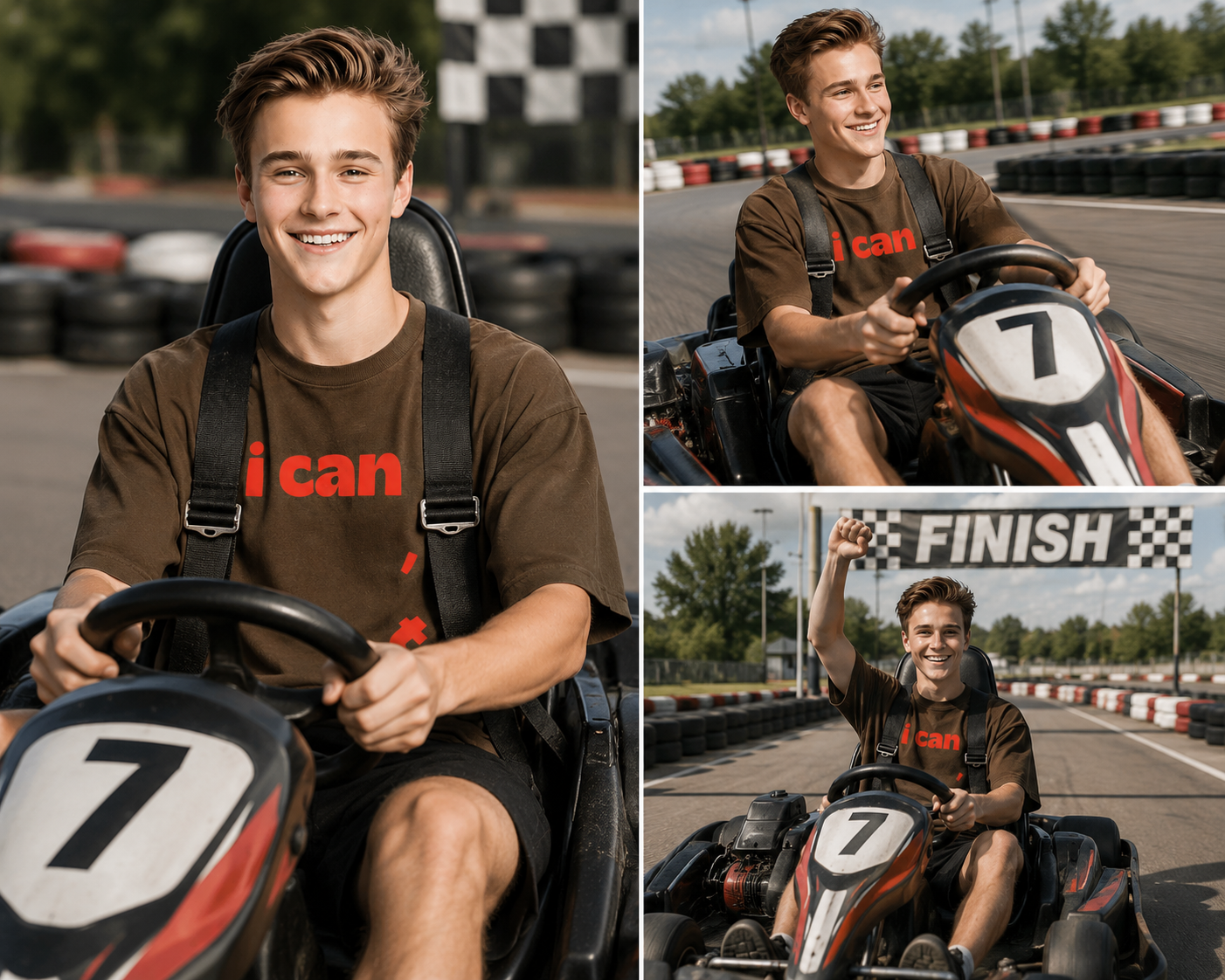 Collage of a person driving a go-kart wearing I Can Graphic Tee featuring positive motivational message, crossing the finish line, and sitting in the kart.