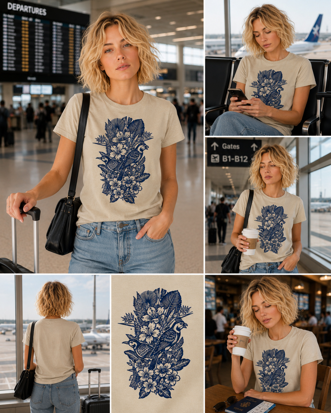 Indigo Aviary graphic t-shirt featuring botanical bird artwork inspired by nature and vintage illustration.