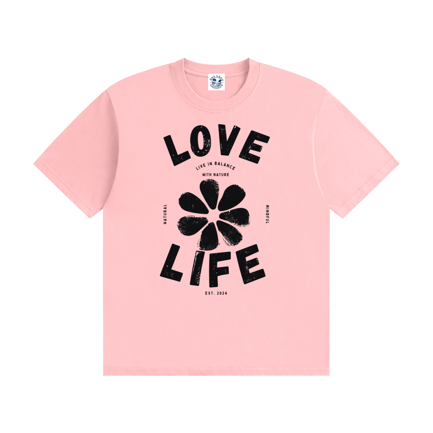A light pink short-sleeve crewneck t-shirt with a black graphic print on the front reading 'LOVE LIFE' around a flower motif, shown on a plain white background.