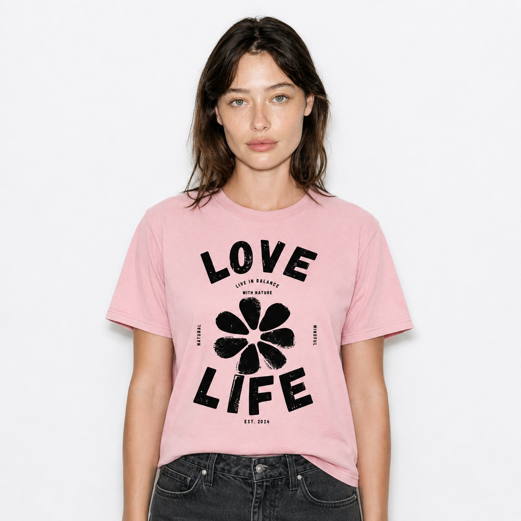 A woman wearing a light pink graphic t-shirt with a black floral design and the words 'LOVE LIFE' printed on the front, paired with dark gray jeans, against a plain white background.