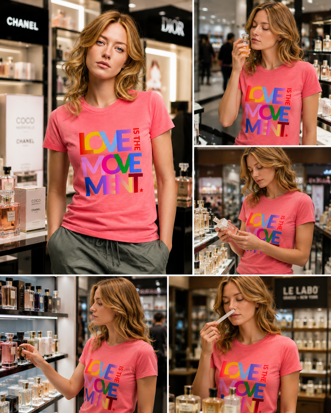 Woman wearing a pink Love Is the Movement graphic t-shirt featuring uplifting artwork inspired by kindness, unity, and positive self-expression.
